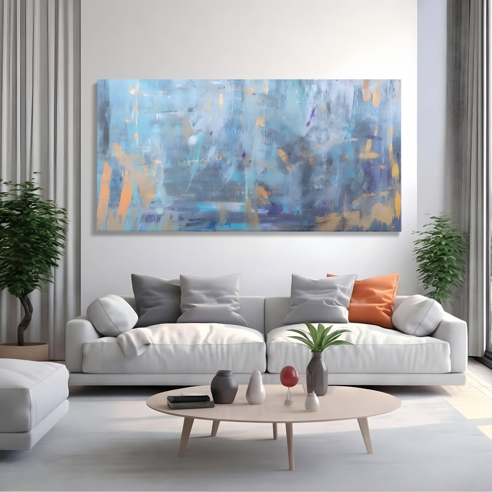Tablou canvas cu pictura abstracta cu pete aurii si albastre, fara rama, pe sasiu de lemn, pe perete intr-un living
